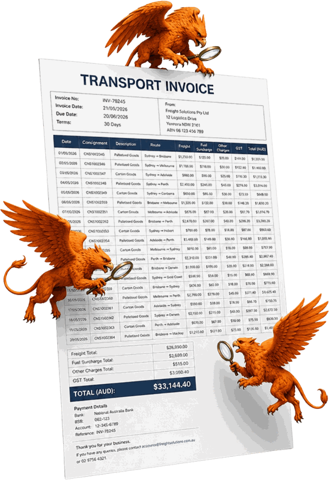 Three griffins going over a transport invoice line by line with magnifying glasses, flagging overcharges
